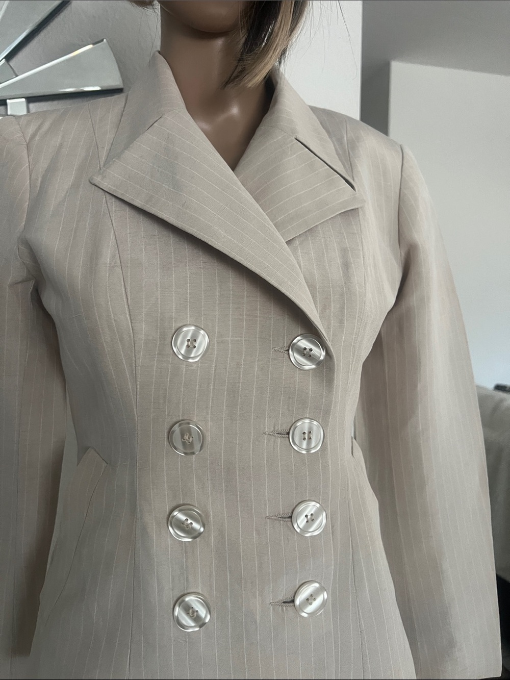 Catalyst Women's suit Double-Breasted Pinstripe Blazer in Light Beige,size 2-6P